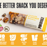 A packaged pressed snack bar labeled 'PRESTEEZ' and 'BANANA & COCONUT' shown on a light background with large marketing text at the top and feature icons along the bottom. The product itself is a clear wrapper around a tan and brown snack bar with visible banana and coconut pieces, plus yellow packaging accents.