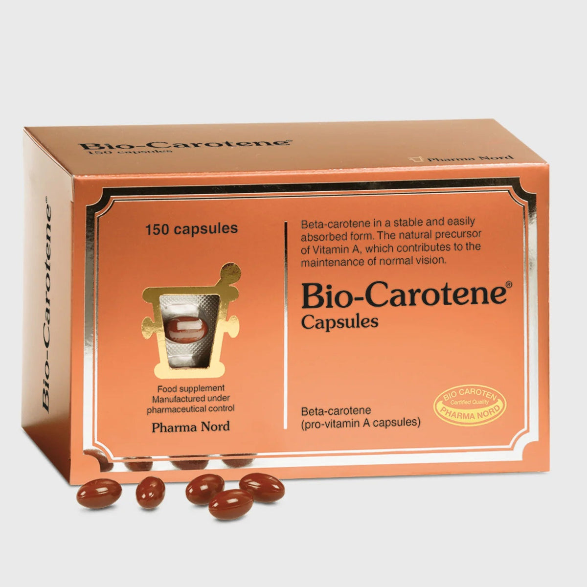 Box of Bio-Carotene Capsules with capsules on a light gray background