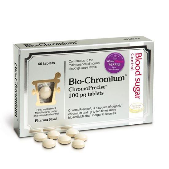 Box of Pharma Nord Bio-Chromium 100 mg tablets with 60 tablets inside. The packaging is predominantly white with purple and silver details.