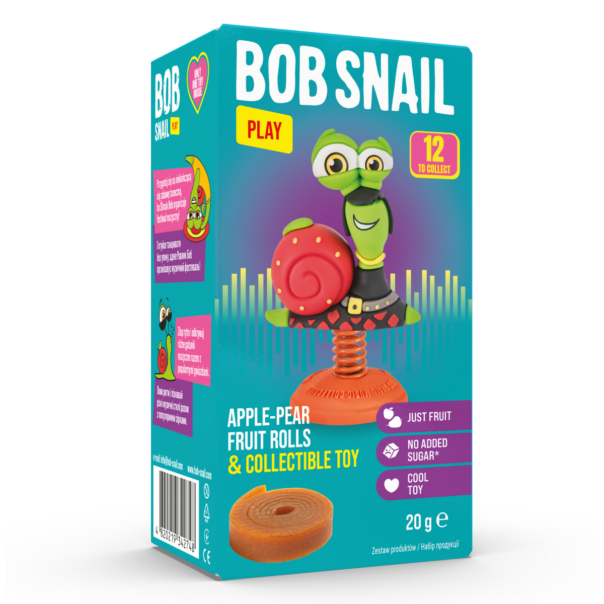 Box of Bob Snail fruit rolls and collectible toy with colorful design
