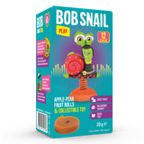 Box of Bob Snail fruit rolls and collectible toy with colorful design
