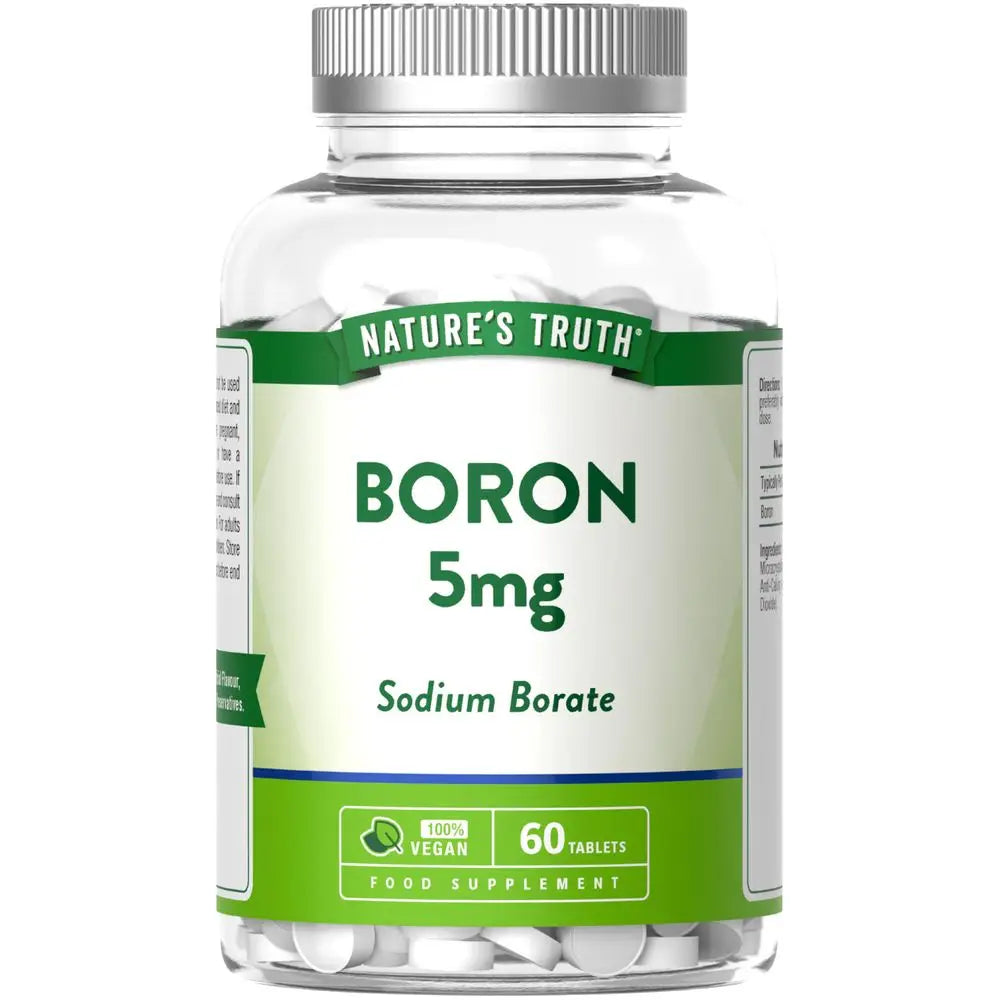Bottle of Nature's Truth Boron 5mg supplement on a white background