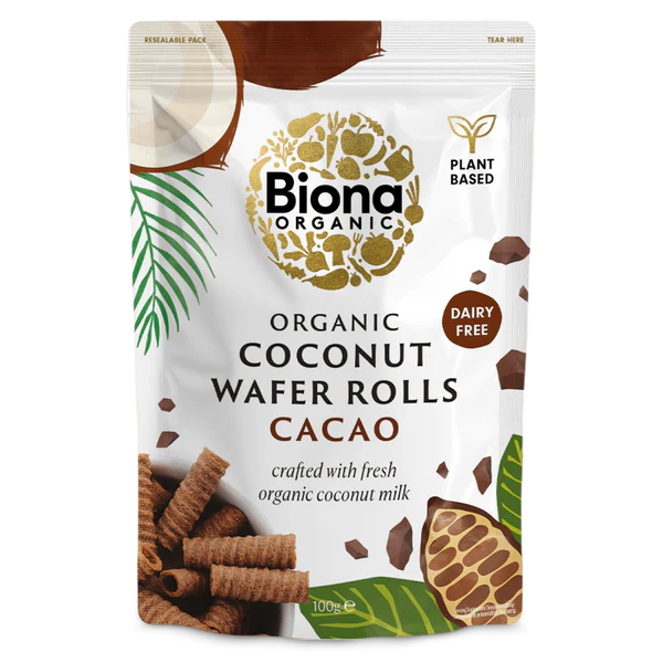 Biona Organic Coconut Wafer Rolls Cacao packaging on a white background