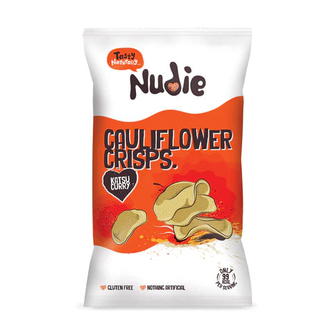 Nudie Cauliflower Crisps Katsu Curry flavor packaging on a white background