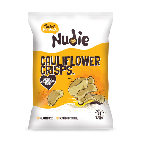 Packaging of Nudie Cauliflower Crisps with a white and yellow design.