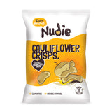 Packaging of Nudie Cauliflower Crisps with a white and yellow design.
