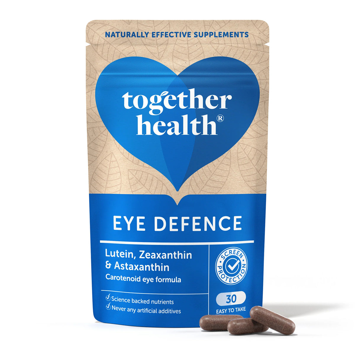 Together Health Eye Defence supplement package with two capsules on a white background