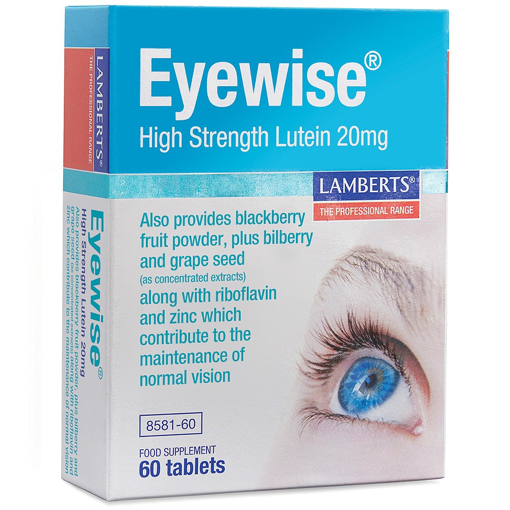 Packaging for Lamberts Eyewise High Strength Lutein 20mg supplement, displaying an image of an eye and highlighting the lutein content along with other ingredients like bilberry, blackberry, and grapeseed extracts.