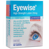 Packaging for Lamberts Eyewise High Strength Lutein 20mg supplement, displaying an image of an eye and highlighting the lutein content along with other ingredients like bilberry, blackberry, and grapeseed extracts.