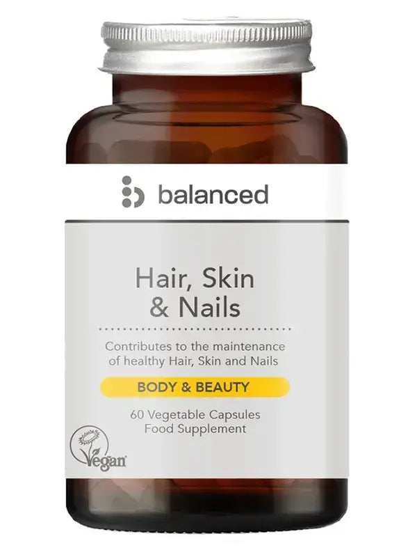 Supplement bottle labeled 'Hair, Skin & Nails' by the brand 'balanced' on a white background.