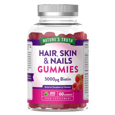 Bottle of Nature's Truth Hair, Skin & Nails Gummies on a white background