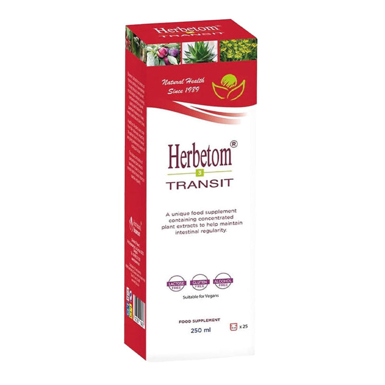 A box of Herbetom Transit food supplement, 250 ml, featuring a red and white design with small green and yellow botanical illustrations.