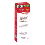 A box of Herbetom Transit food supplement, 250 ml, featuring a red and white design with small green and yellow botanical illustrations.