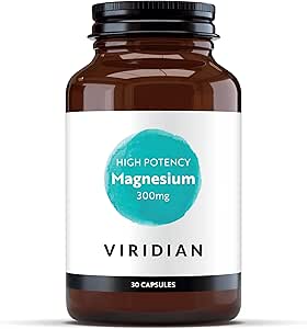 A bottle of Viridian High Potency Magnesium 300mg supplements with 30 capsules inside.