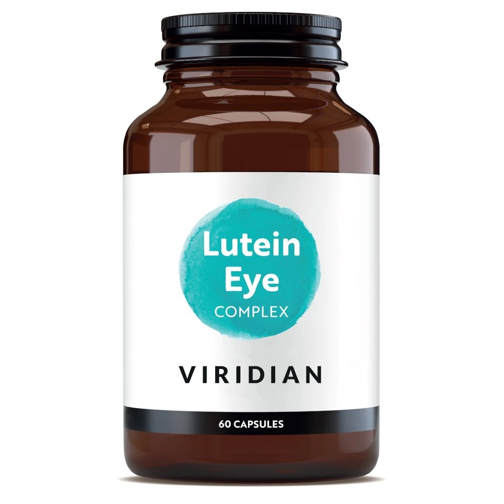 Brown supplement bottle labeled 'Lutein Eye Complex' by Viridian on a white background