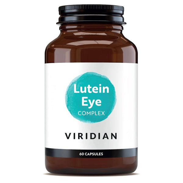 Brown supplement bottle labeled 'Lutein Eye Complex' by Viridian on a white background