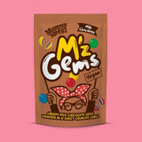Mummy Meegz M'z Gems chocolate package on a pink background