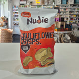 Nudie Katsu Cauliflower Crisps bag with a store interior in the background