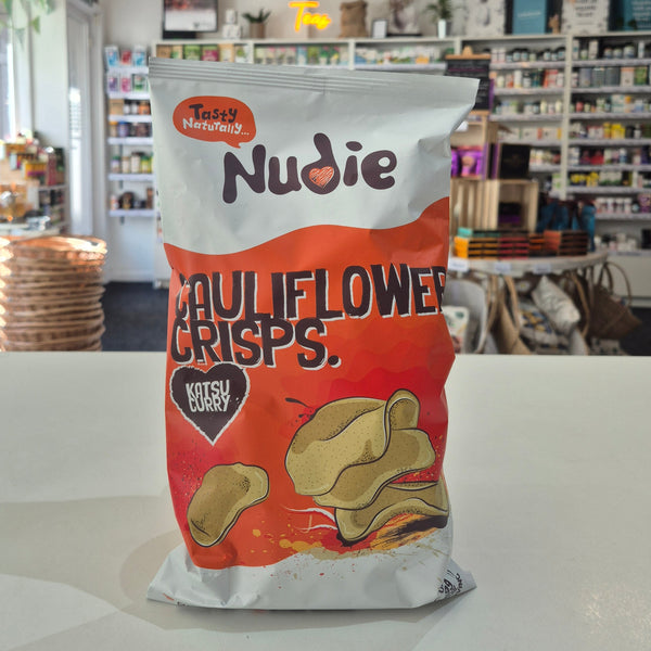 Nudie Katsu Cauliflower Crisps bag with a store interior in the background