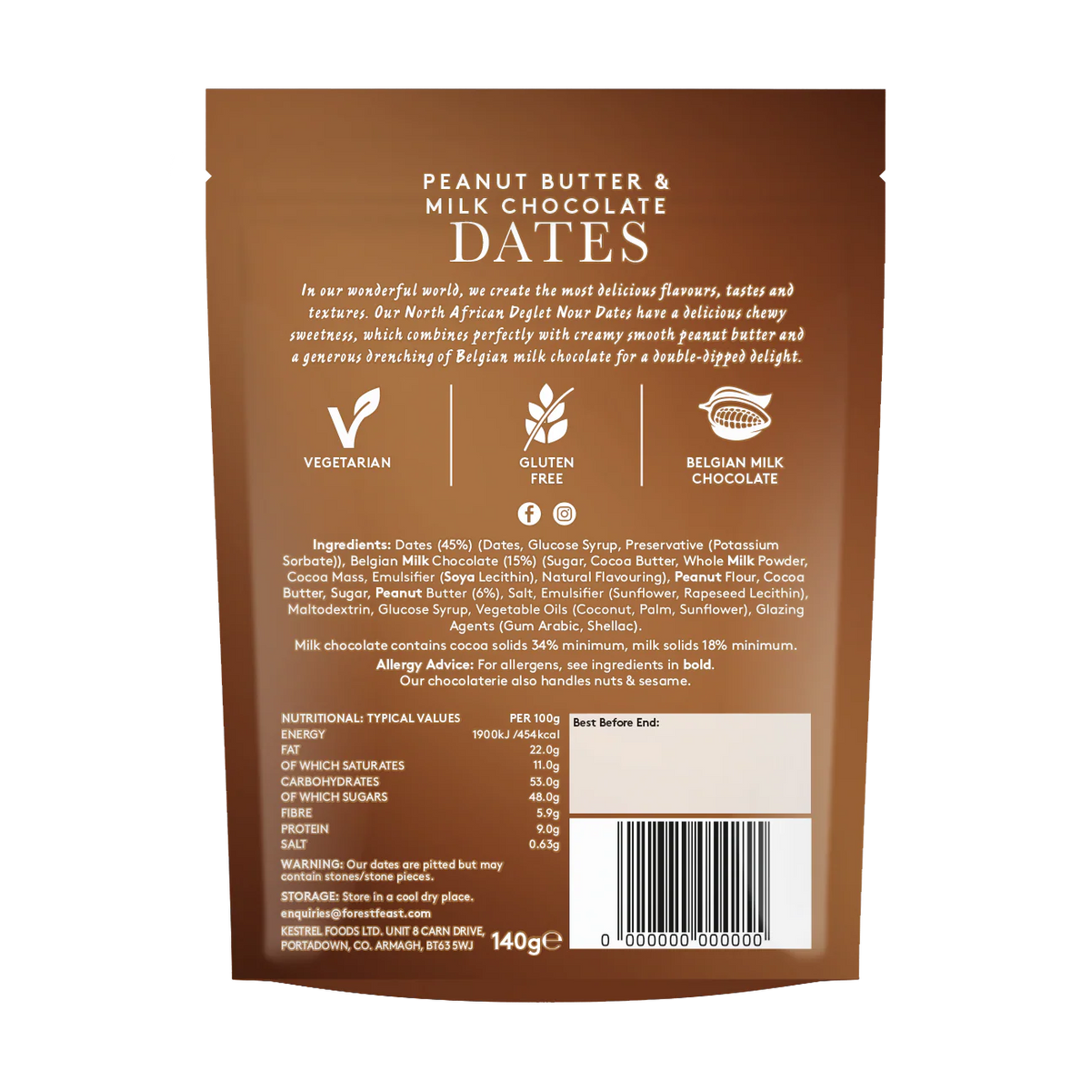 Back of a brown package with text and ingredients for peanut butter and milk chocolate dates.