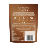 Back of a brown package with text and ingredients for peanut butter and milk chocolate dates.