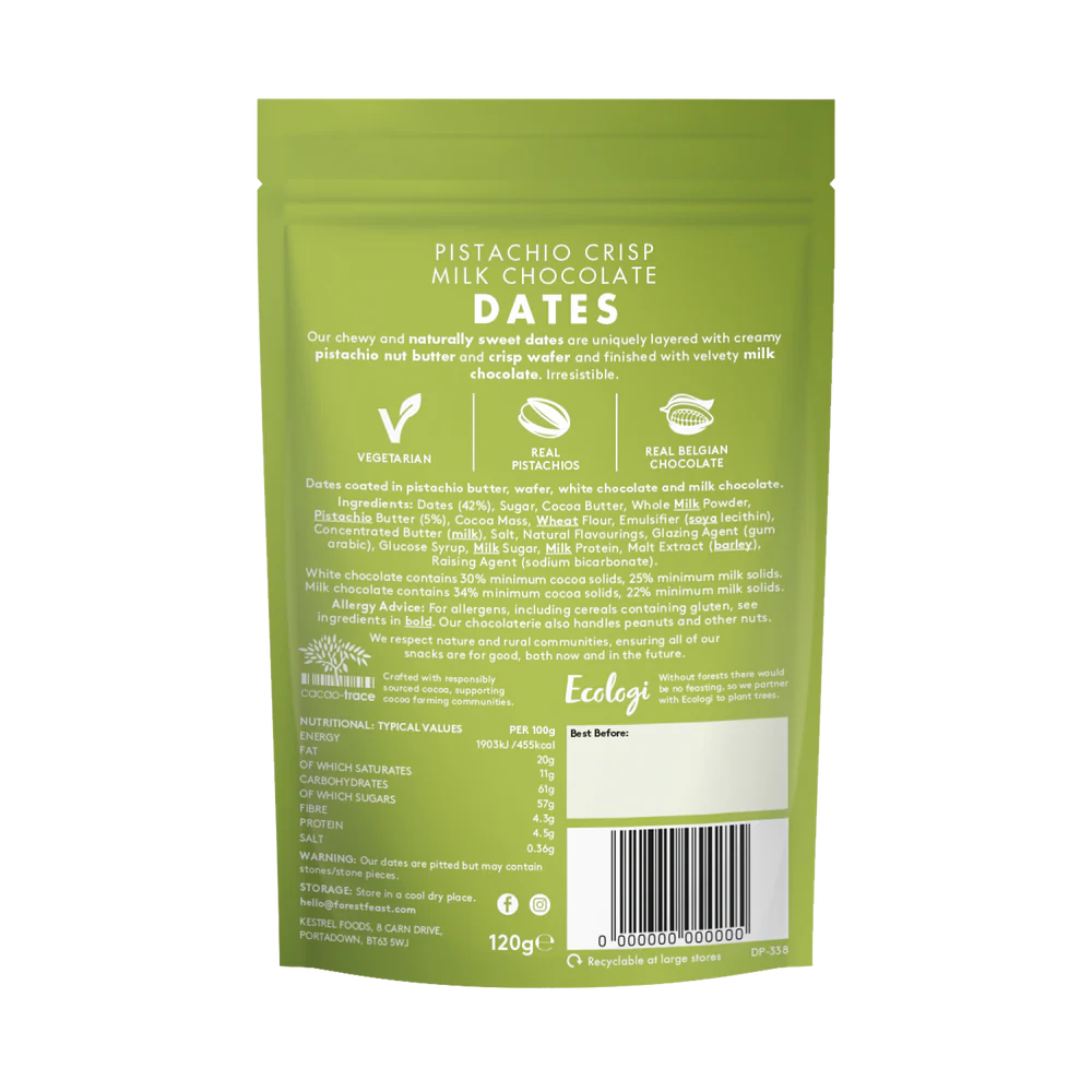 Green packaging of Pistachio Crisp Milk Chocolate Dates with text and branding on a white background