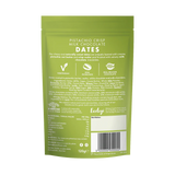 Green packaging of Pistachio Crisp Milk Chocolate Dates with text and branding on a white background