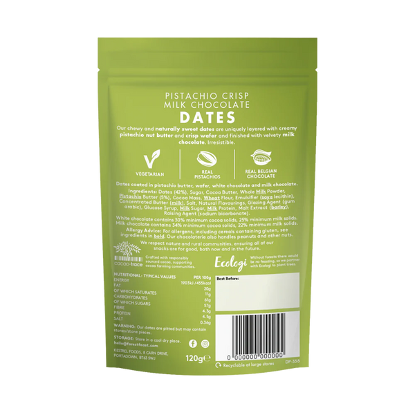 Green packaging of Pistachio Crisp Milk Chocolate Dates with text and branding on a white background