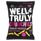 Packaging of Well & Truly Crunchies Punchy Pickles baked corn snacks on a white background