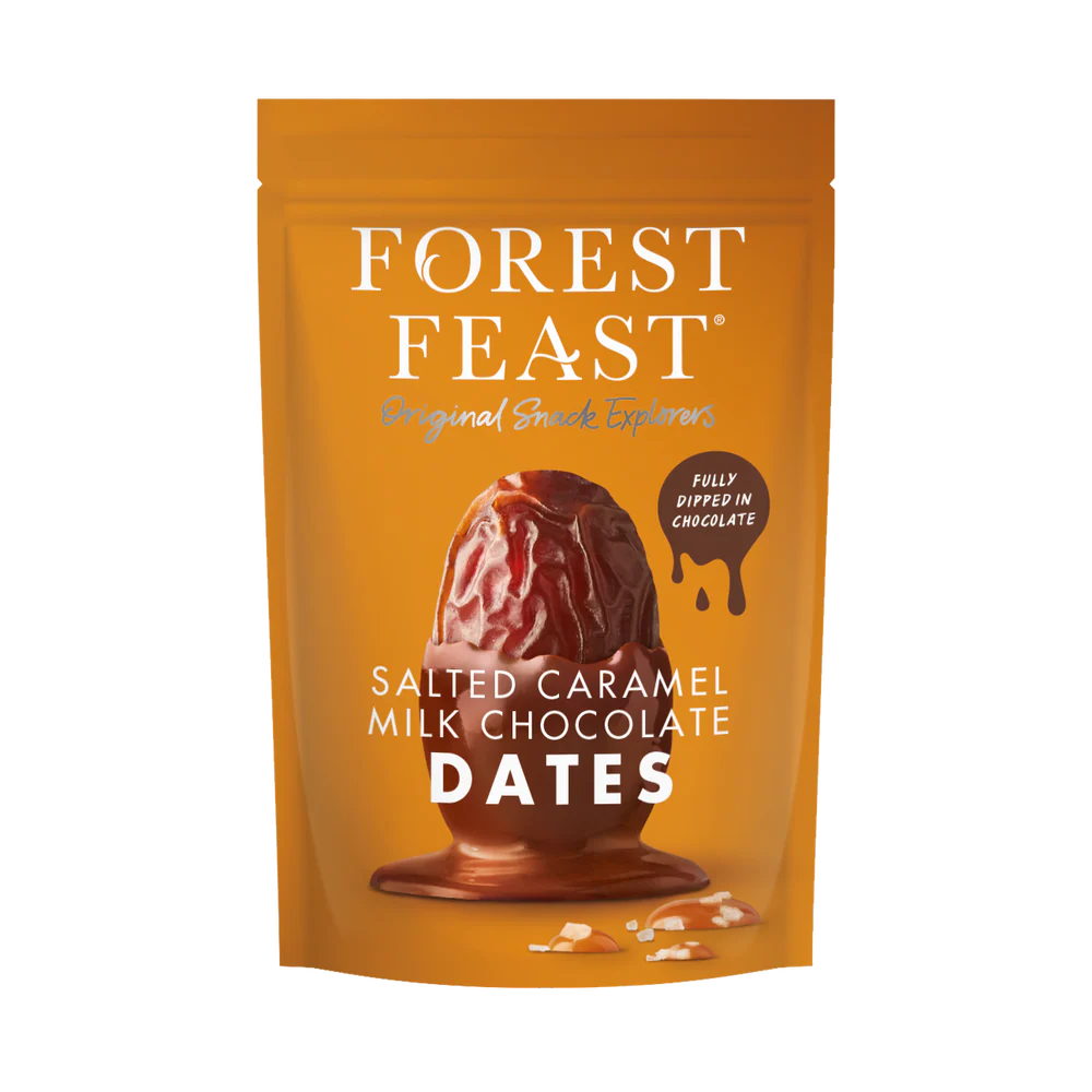 Packaging of Forest Feast salted caramel milk chocolate dates on a white background