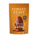 Packaging of Forest Feast salted caramel milk chocolate dates on a white background