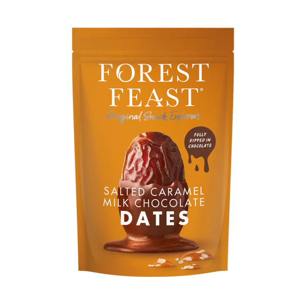 Packaging of Forest Feast salted caramel milk chocolate dates on a white background