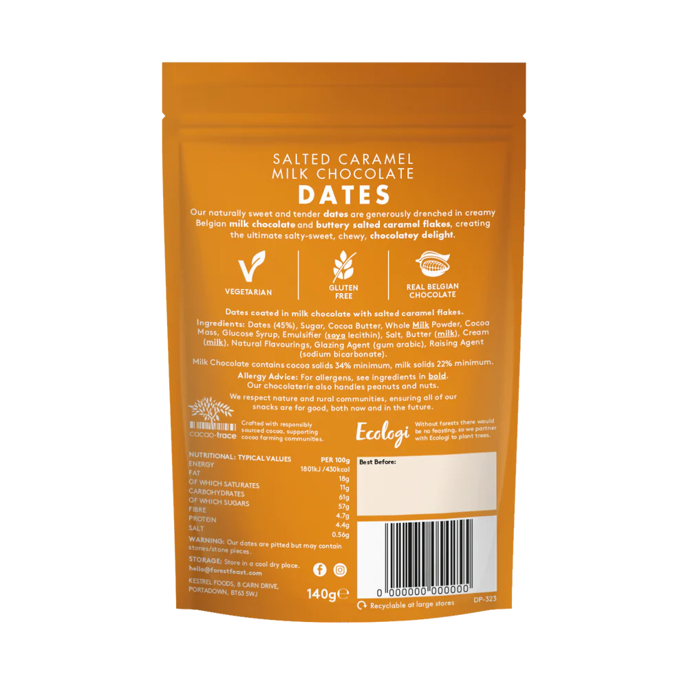 Orange packaging of salted caramel milk chocolate dates with text and nutrition information.