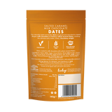 Orange packaging of salted caramel milk chocolate dates with text and nutrition information.
