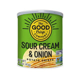 Can of The Good Crisp Company Sour Cream & Onion potato crisps on a white background