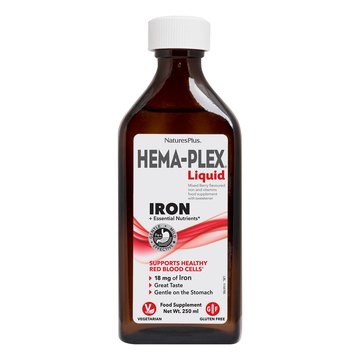 Bottle of NaturesPlus Hema-Plex Liquid Iron supplement on a white background
