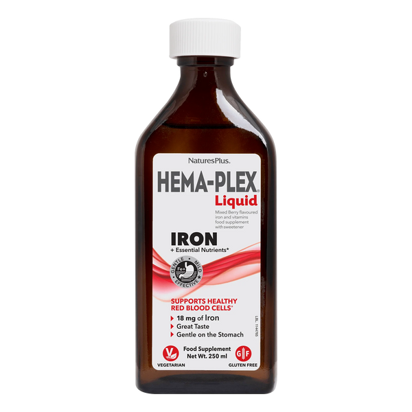 Bottle of NaturesPlus Hema-Plex Liquid Iron supplement on a white background
