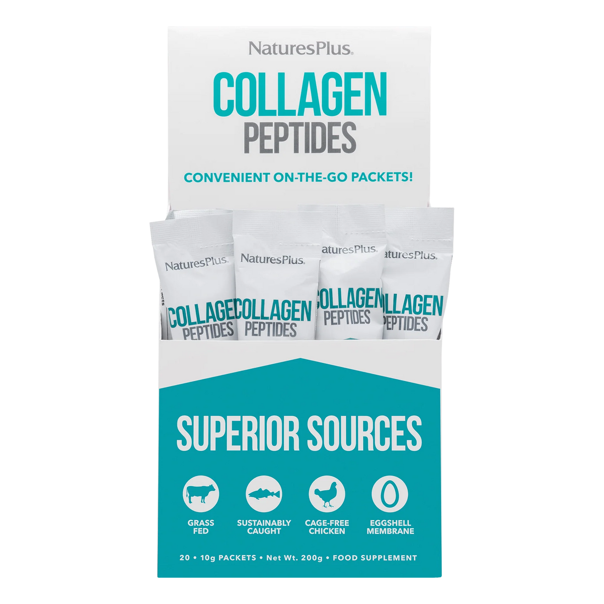 Packaging of NaturesPlus Collagen Peptides packets on a white background