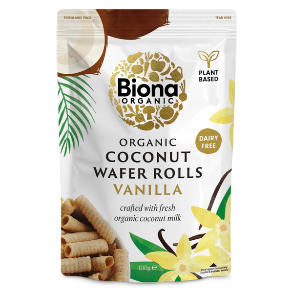 Biona Organic Coconut Wafer Rolls Vanilla packaging on a white background