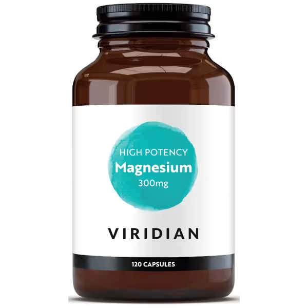 Brown bottle of Viridian High Potency Magnesium 500mg tablets on a white background