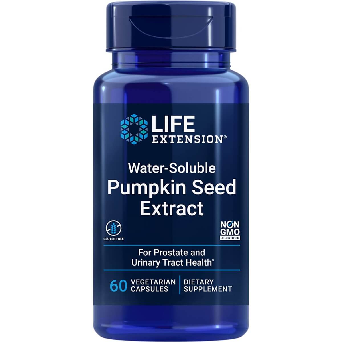 Blue bottle of Life Extension Water-Soluble Pumpkin Seed Extract on a white background