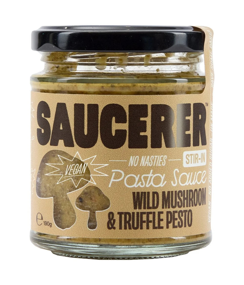 A jar of Saucerer Vegan Pasta Sauce Wild Mushroom & Truffle Pesto on a white background.
