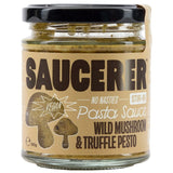 A jar of Saucerer Vegan Pasta Sauce Wild Mushroom & Truffle Pesto on a white background.