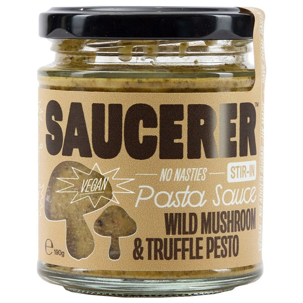 A jar of Saucerer Vegan Pasta Sauce Wild Mushroom & Truffle Pesto on a white background.