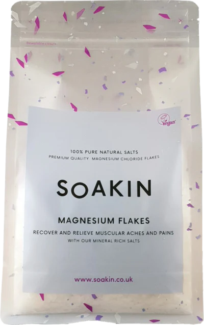 Bag of Soakin magnesium flakes with a visible label on a white background