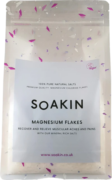 Bag of Soakin magnesium flakes with a visible label on a white background