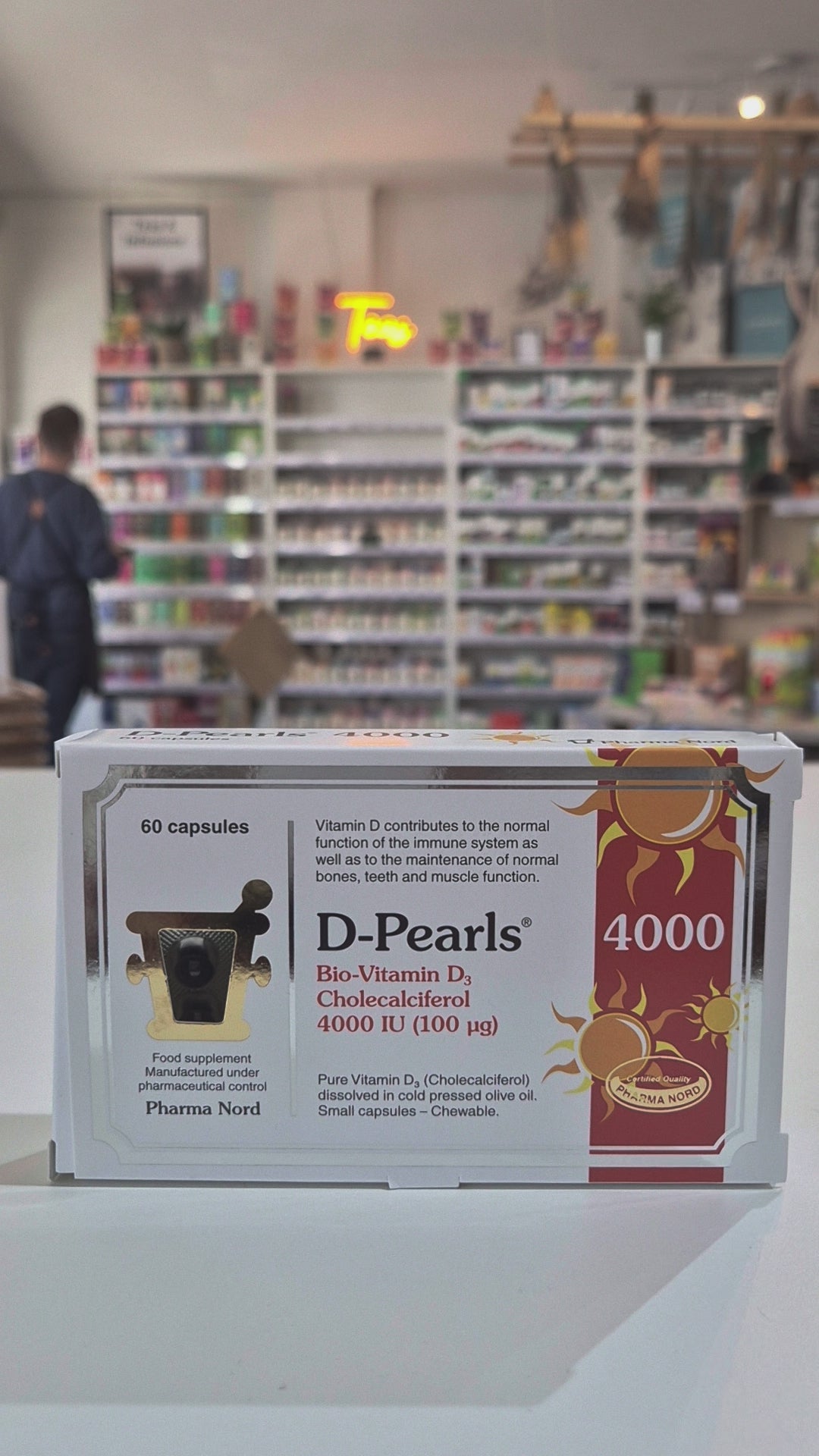 Box of D-Pearls Bio-Vitamin D3 Cholecalciferol 4000 IU in a store setting