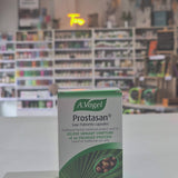 Packaging for A.Vogel Prostasan Palmetto Capsules, showing a bottle and box with green and white labeling video