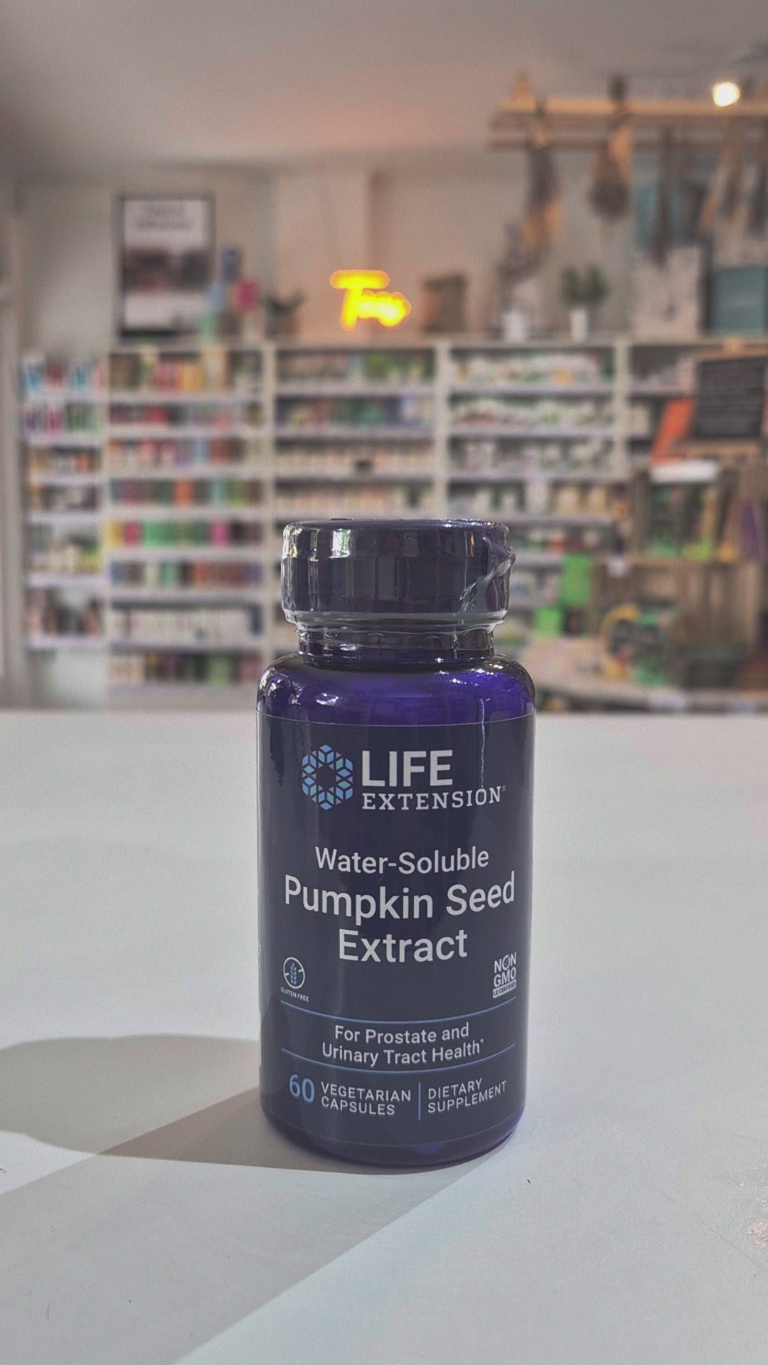 Blue bottle of Life Extension Water-Soluble Pumpkin Seed Extract on a white background Video