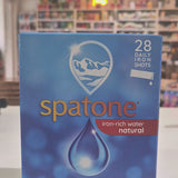 Box of Spatone Iron+ 28 Day Sachets, iron-rich water supplement, with mountain and water droplet imagery